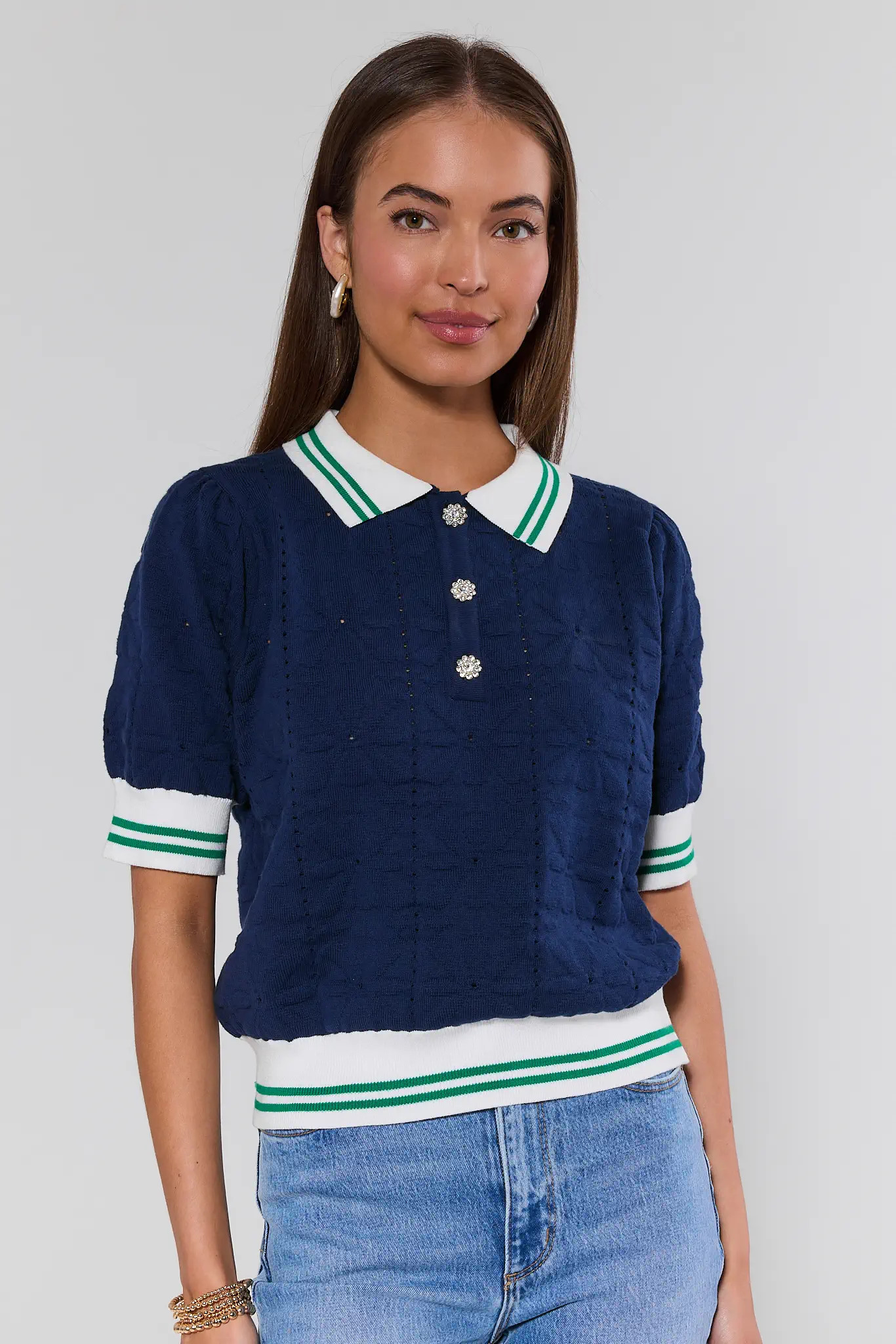 Kristin Navy Striped Trim Polo Top | Avara