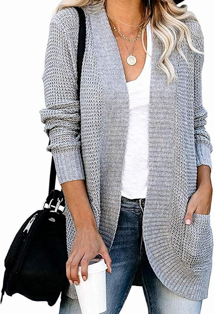 AROGONE Women's Comfy Open Front Waffle Knit Cardigan Sweater Outwear with Pockets | Amazon (US)