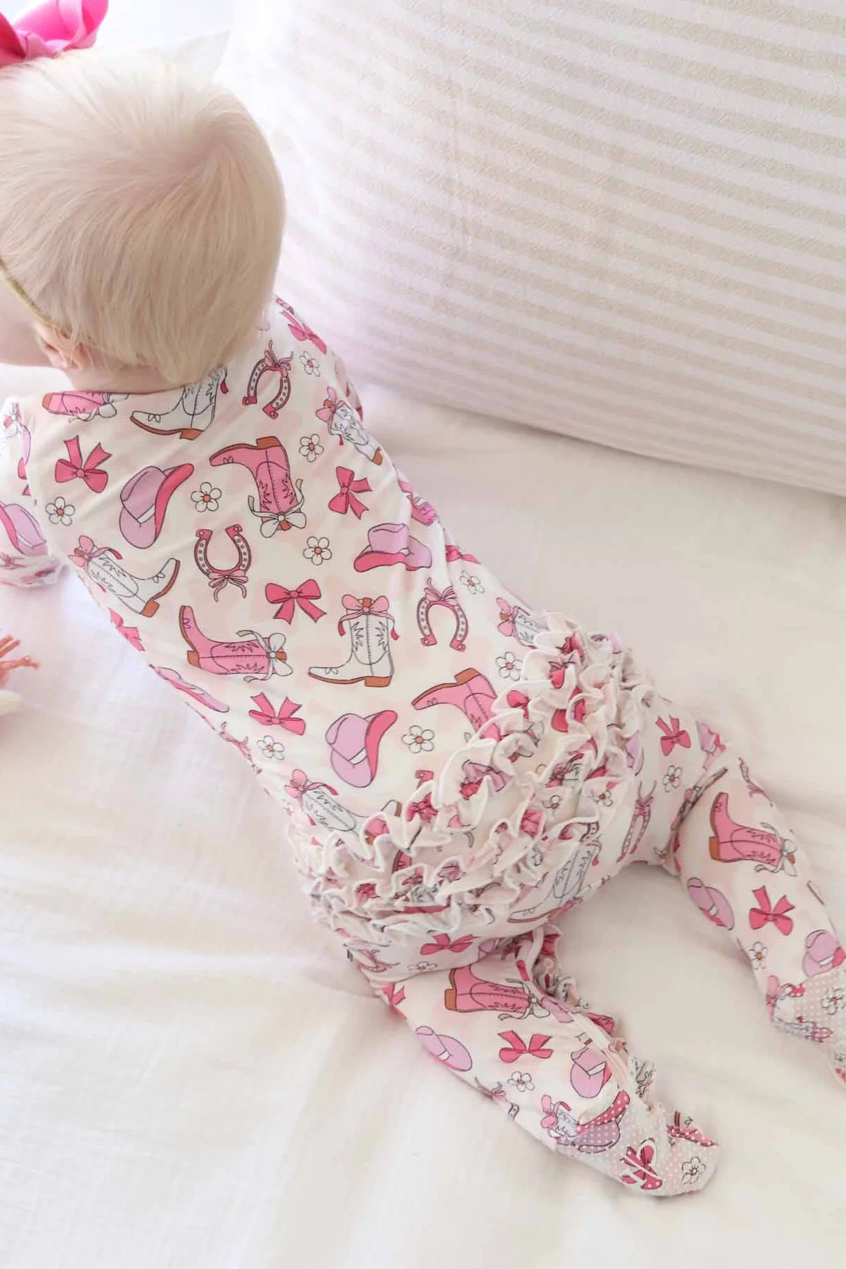 Rodeo Dreams Ruffle Zipper Footie | Pink | Caden Lane