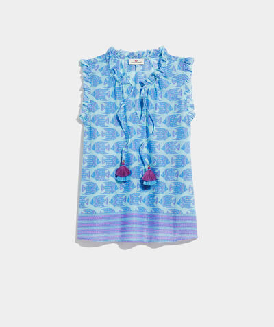Block Fish Print Ruffle Popover Top | vineyard vines