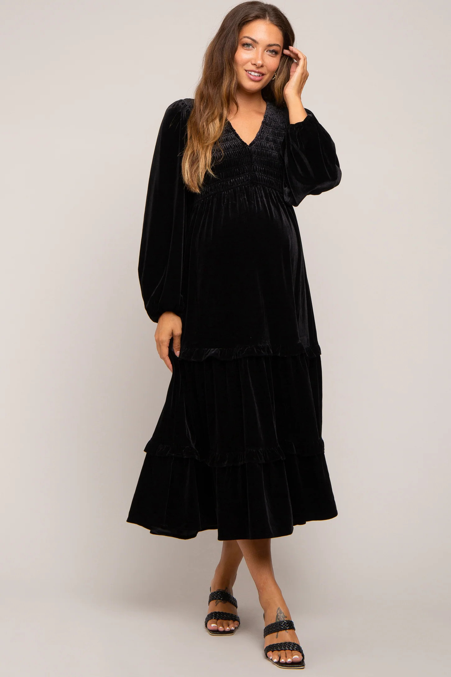 Black Velvet Smocked Maternity Midi Dress | PinkBlush Maternity
