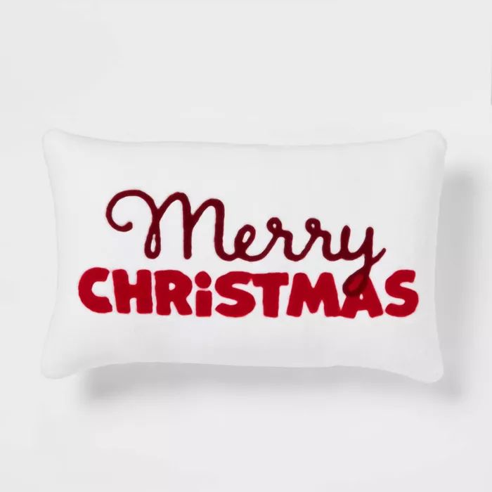 Lumbar 'Merry Christmas Embroidered' Plush Throw Pillow Cream/Red - Wondershop™ | Target
