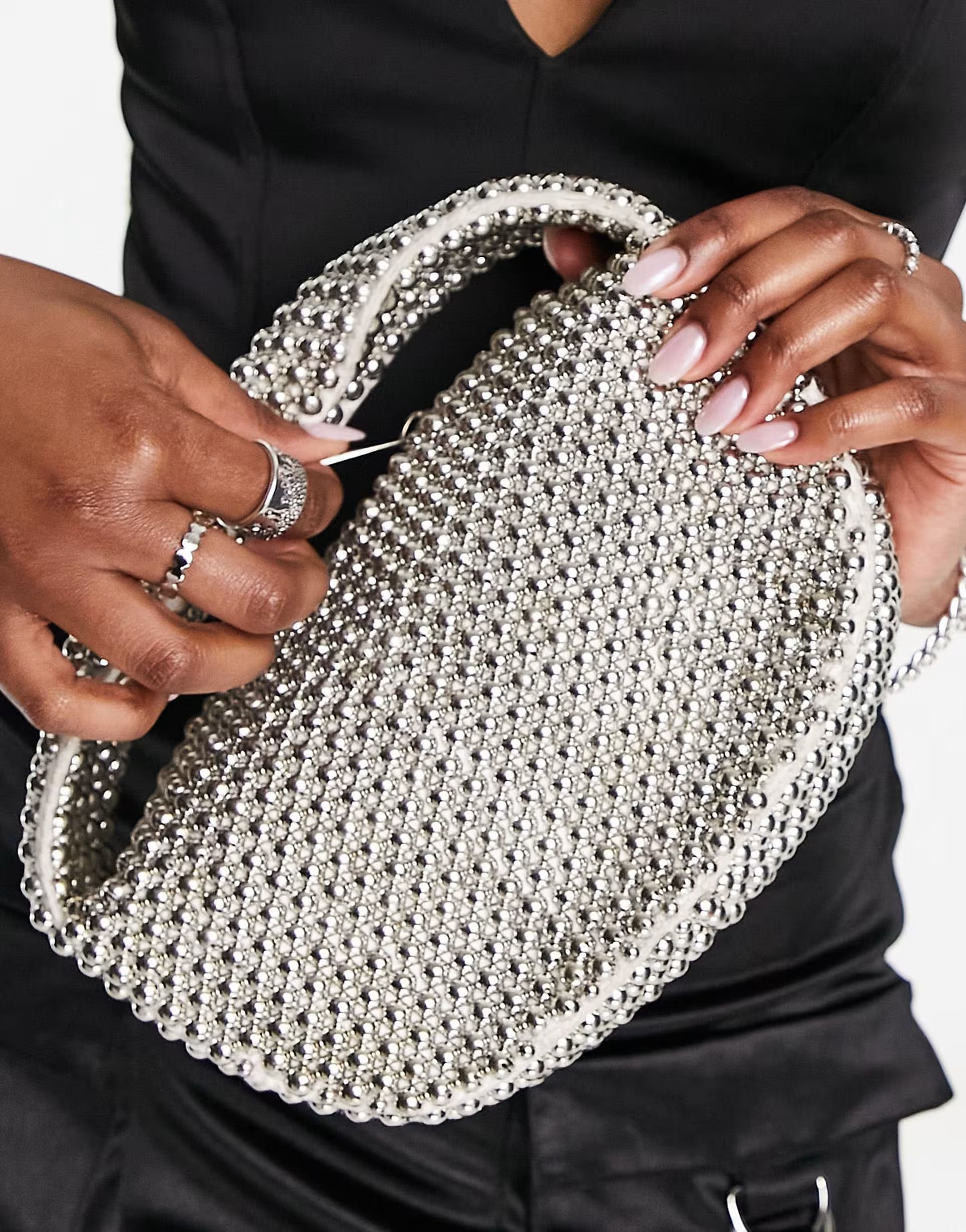 ASOS DESIGN beaded ball grab bag in silver | ASOS (Global)