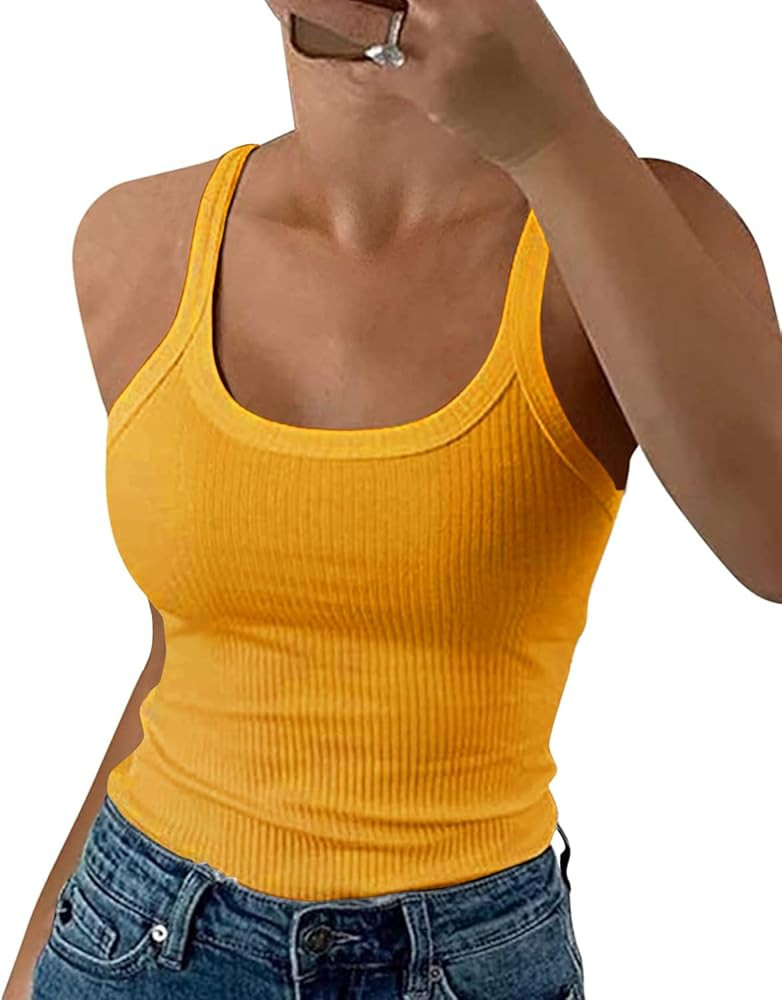 GEMBERA Women Spaghetti Strap Scoop Neck Ribbed Tank Tops Slim Fitted Cotton Camisole Basic Sleev... | Amazon (US)