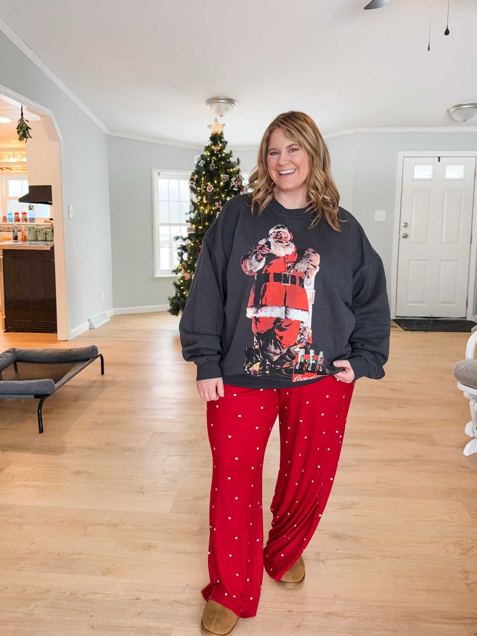 Wearing an XL in the Santa sweatshirt (men’s - I actually bought for my husband) and an XXL in pajamas (I sized up and they’re big but so comfy)

#LTKHoliday #LTKMidsize #LTKSeasonal