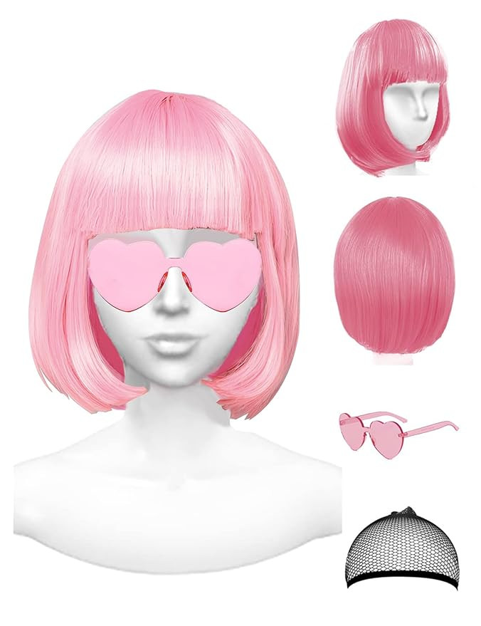 Pink Wig and Party Sunglasses, Pink Wigs for Women, Pink Wig with Bangs, Light Pink Wig, Pink Bob... | Amazon (US)