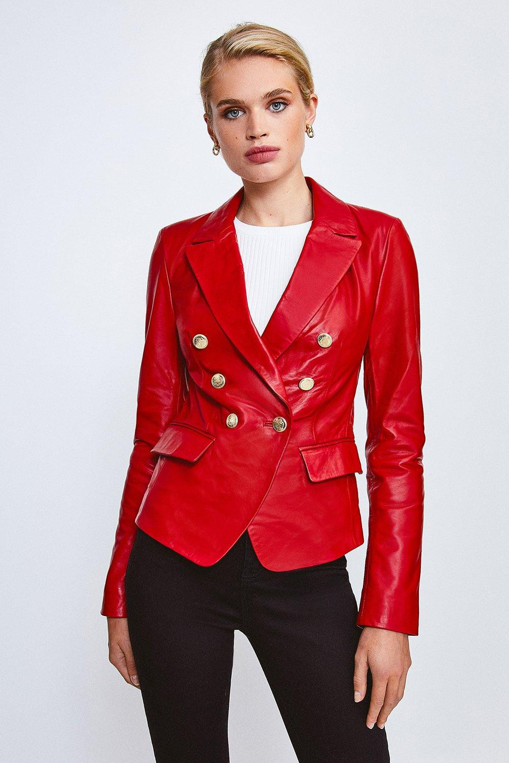 Leather Gold Button Blazer | Karen Millen US