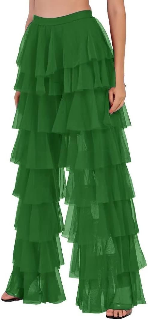 Women's Long Tiered Ruffled Tulle Pants Sheer Mesh Evening Party Layered Pants | Amazon (US)