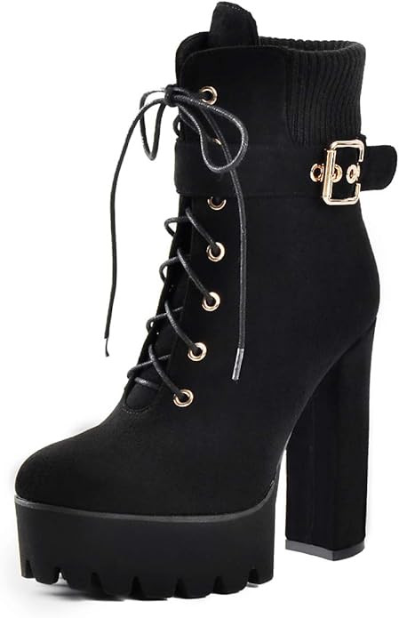 LISHAN Women's Lace Up High Chunky Heel Ankle Booties | Amazon (US)