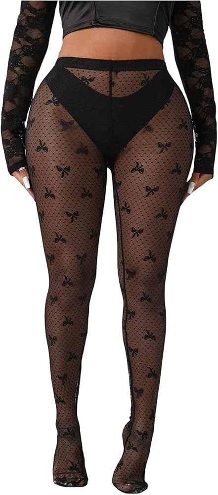 OYOANGLE Women's Plus Size Bow Sheer Tights High Waisted Footed Transparent Pantyhose | Amazon (US)