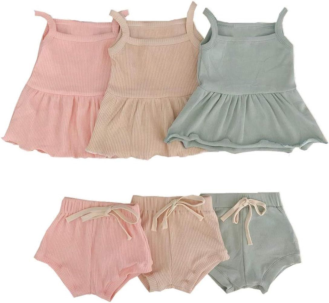 2PCS Newborn Baby Girls Summer Shorts Clothes Ruffle Dress Top Strap Sleeveless Shirt + Cotton Sh... | Amazon (US)