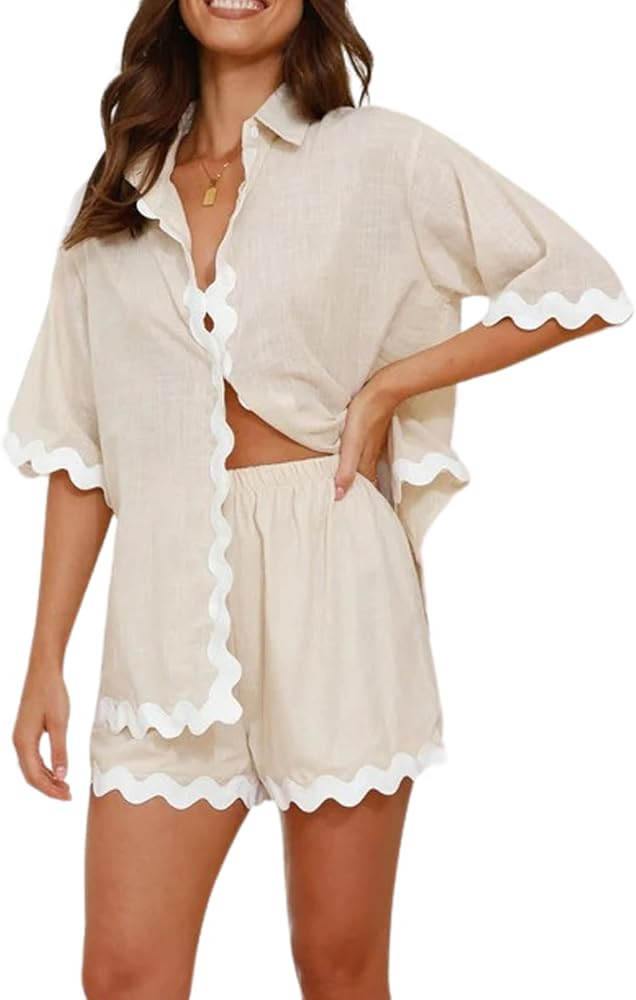loveimgs Womens 2 Piece Outfits Beach Vacation Lace Trim Short Sleeve Button Down Shirts and Shor... | Amazon (US)