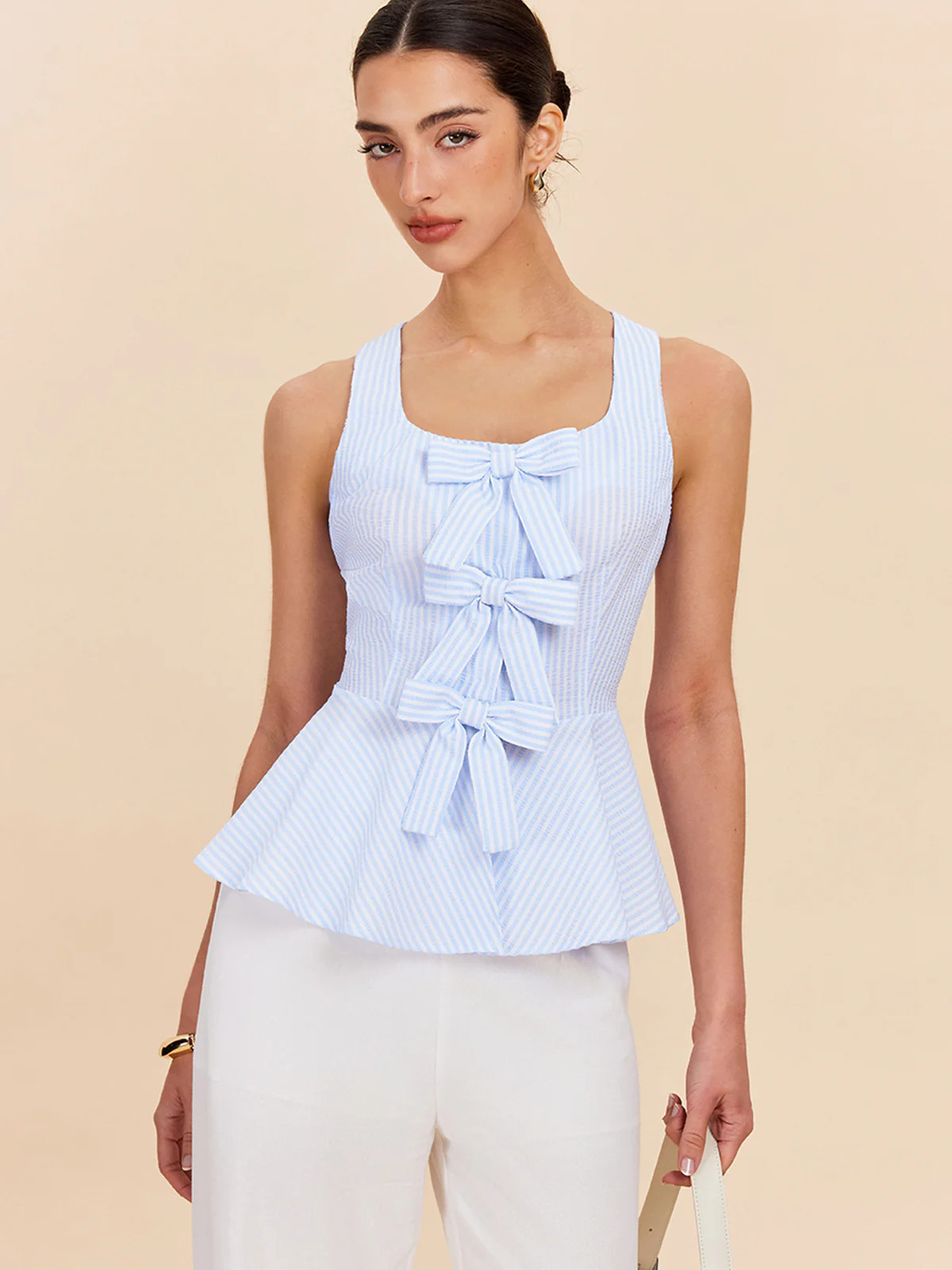 Striped Peplum Top With Bow Details | Commense