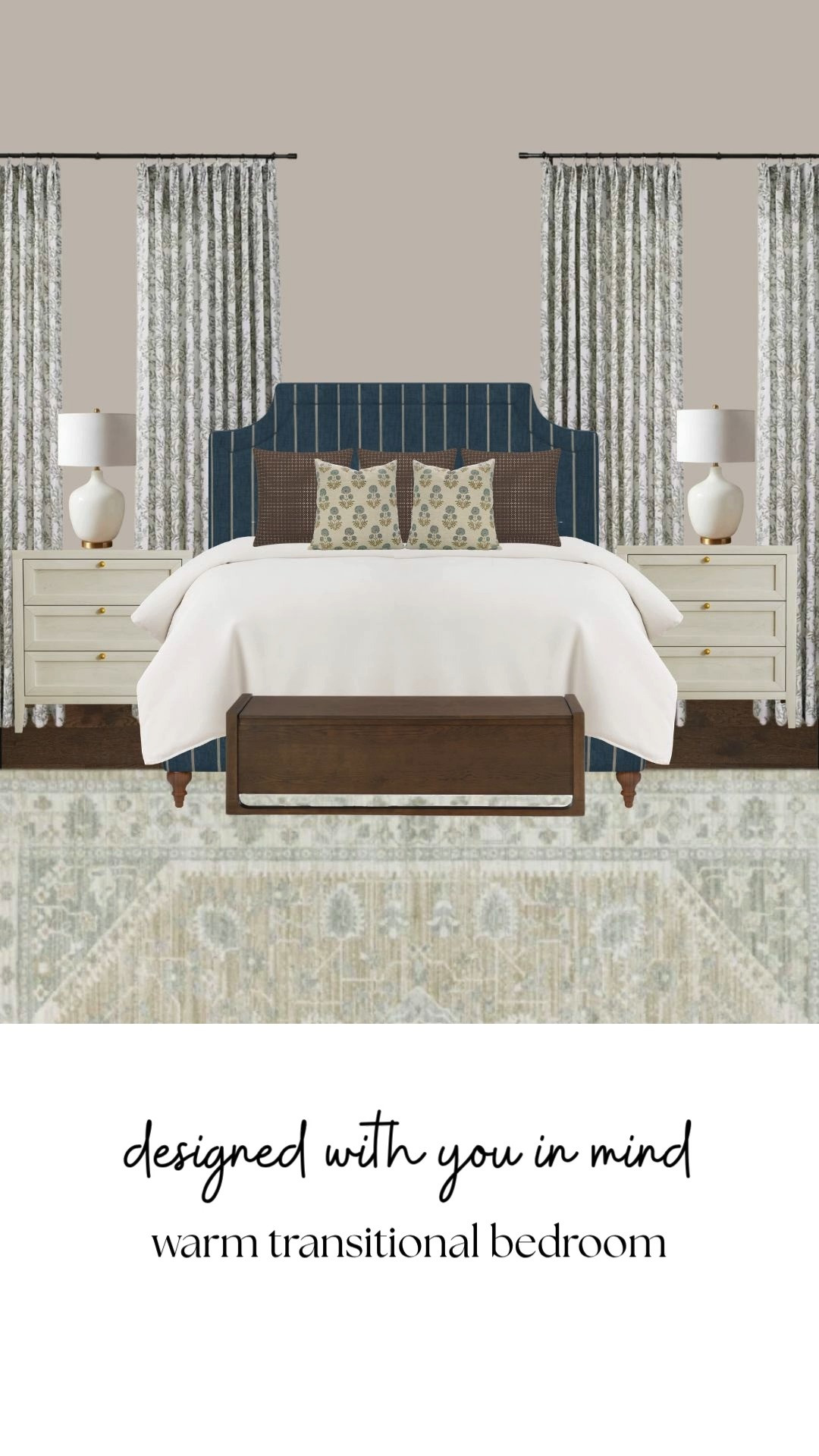 Designed with warmth and comfort in mind, this bedroom layers soft neutrals, warm wood tones, and rich navy accents for a space that feels timeless and easy to live in. The upholstered headboard, vintage-inspired rug, and soft natural light give the room such a calm elevated feeling while still staying cozy and approachable.

warm transitional bedroom, navy upholstered bed, cozy neutral bedroom, vintage inspired rug, layered bedroom decor, warm wood furniture, traditional bedroom inspiration, collected home style, cozy bedroom aesthetic, timeless bedroom decor, soft neutral interiors, designer inspired bedroom, warm ambient lighting, heritage inspired home, elegant cozy bedroom, warm collected interiors, striped drapery inspiration, cozy primary bedroom, traditional modern decor, elevated neutral bedroom 

 #LTKHome