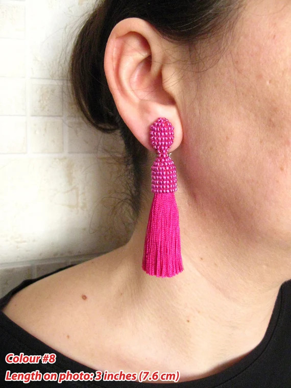 Silk Fuchsia Tassel Earrings on Studs/Clips, Beaded Fuchsia Silk Tassel Earrings, Pink Silk Tasse... | Etsy (US)