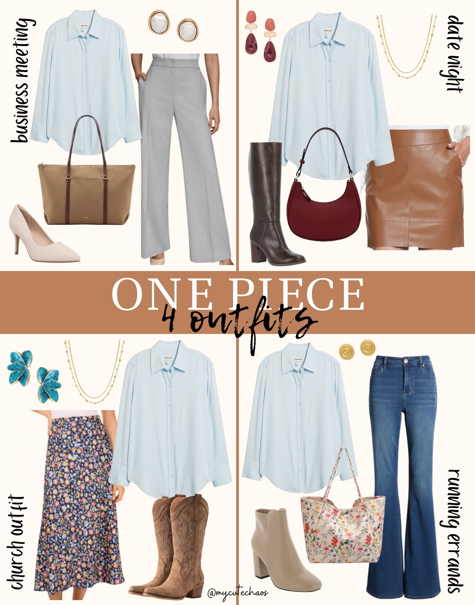 4 outfits featuring the same gorgeous button up blouse!

Business meeting, running errands, date night, girls night out, church style, church outfit, western style, workwear, office wear, casual style, business style, work style, office job, brunch, spring style, spring outfit

#LTKWorkwear #LTKootd