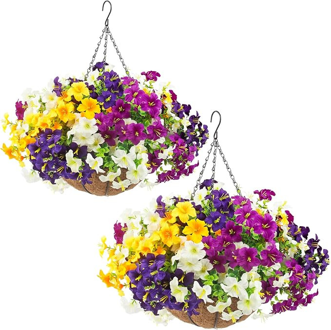 2 Set Artificial Outdoor Flowers with Hanging Baskets,24 Pcs UV Resistant Faux Petunias Flowers w... | Amazon (US)
