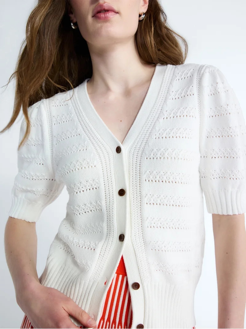 Free Assembly's Women's Cotton Crochet Cardigan Sweater with Puff Sleeves, Sizes XS-4X | Walmart (US)