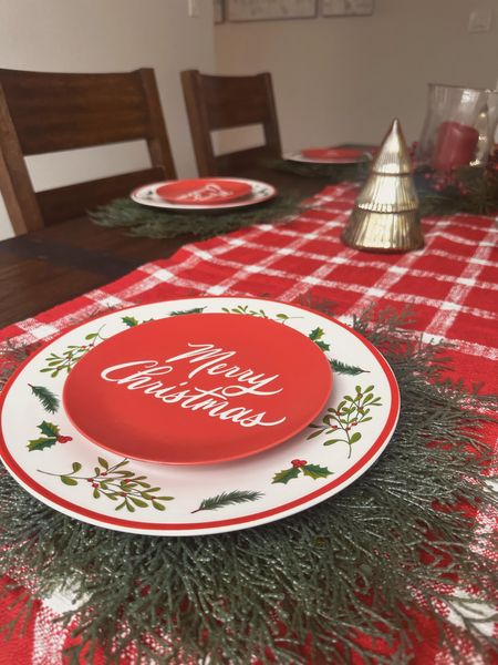 Christmas table decor, Christmas dining room decorations, Christmas dinner table decor ideas, holly Christmas plates with cedar placemat and merry Christmas appetizer plates. How to decorate your table for Christmas dinner 

#LTKSeasonal #LTKhome #LTKHoliday