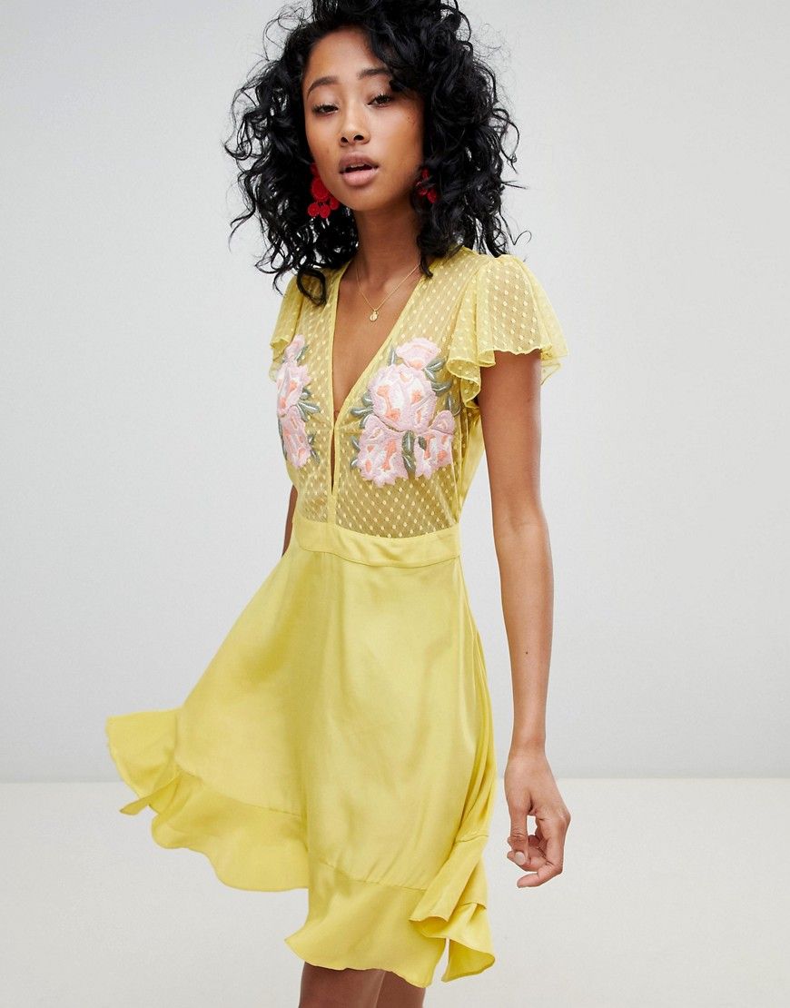 Cleobella Ruffle Mini Dress with Floral Embroidery - Yellow | ASOS US