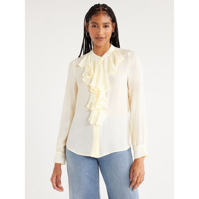 Scoop Women’s Ruffle Button Down Shirt, Sizes XS-XXL | Walmart (US)
