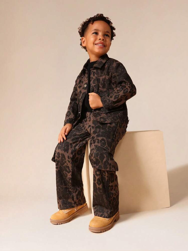  [100% Cotton] SUMWON Boys Leopard Print Denim Trucker Jacket Button Front Long Sleeve Casual Outerwear | SHEIN