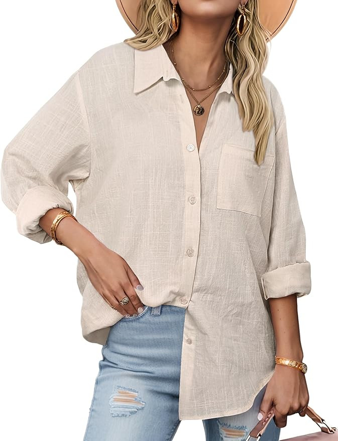 Zeagoo Womens Button Down Shirts Long Sleeve Cotton Gauze Tops Casual Collared Blouses Loose Fit | Amazon (US)