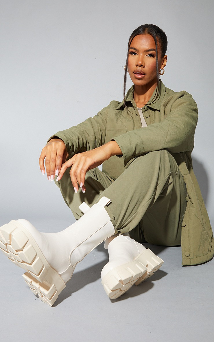 Cream PU Chunky Sole High Chelsea Ankle Boots | PrettyLittleThing US