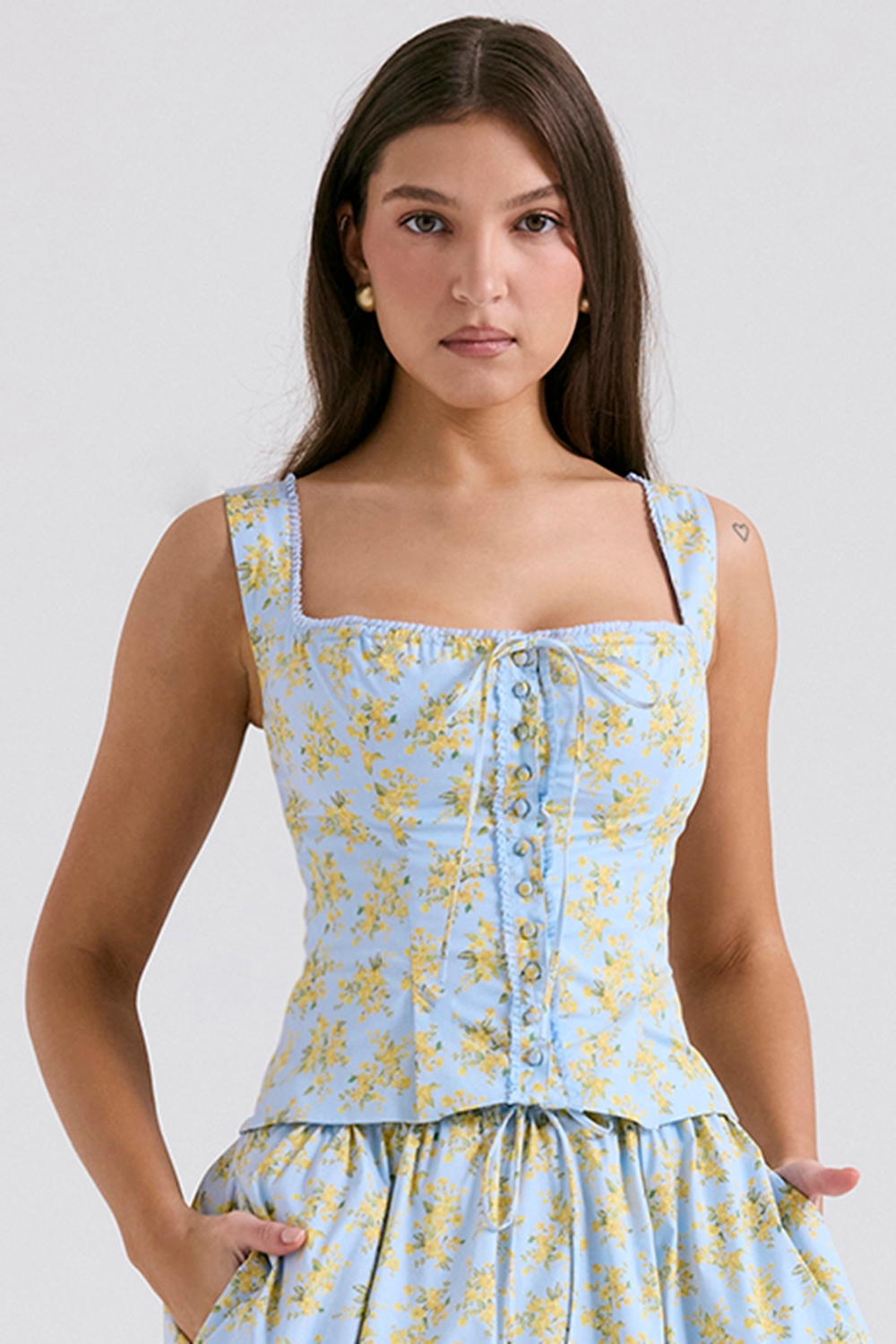 soft blue vintage floral print cotton top | House of CB