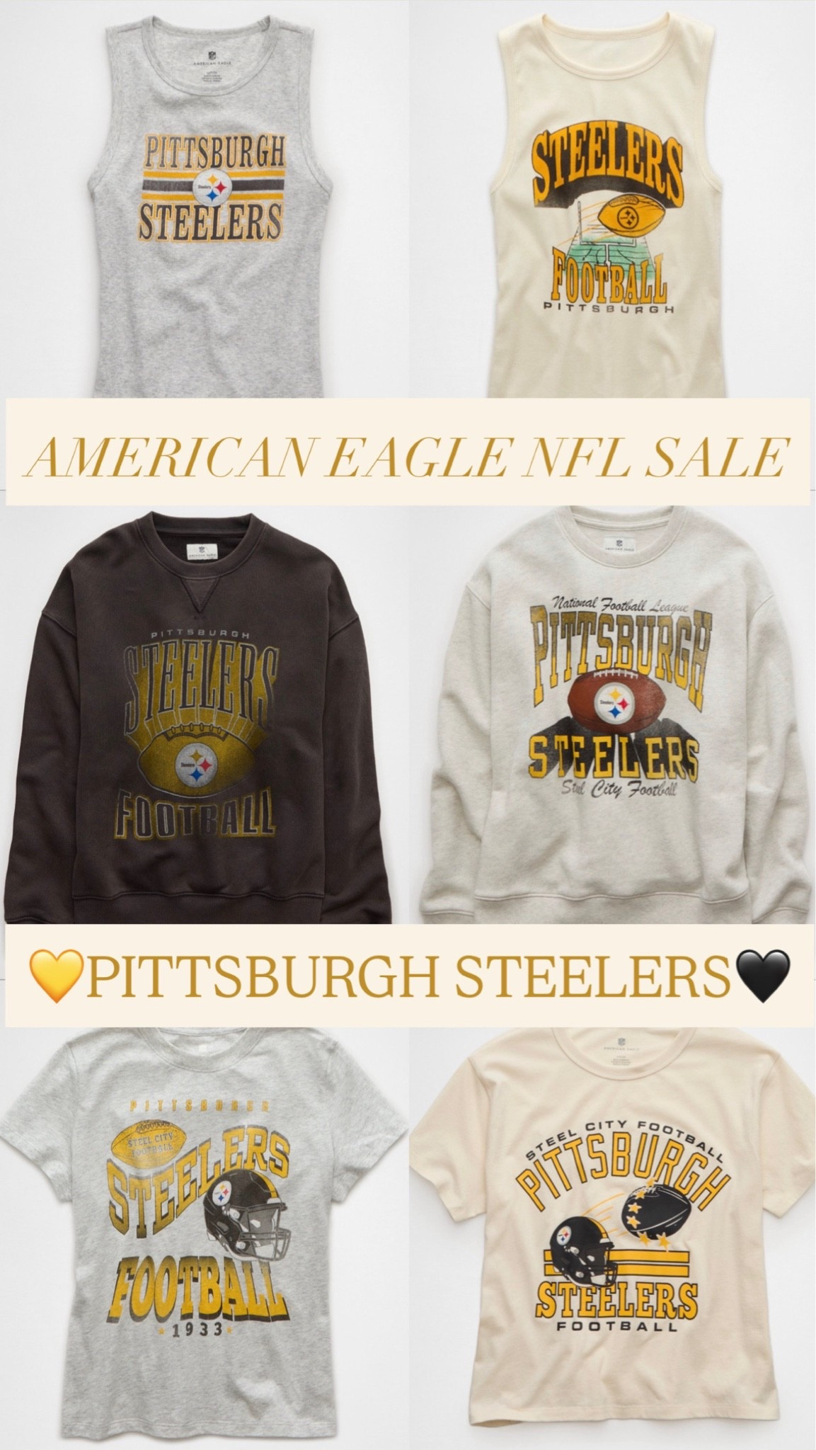 American Eagle NFL Sale! Pittsburgh Steelers🏈🖤💛

#LTKSeasonal #LTKootd #LTKSaleAlert