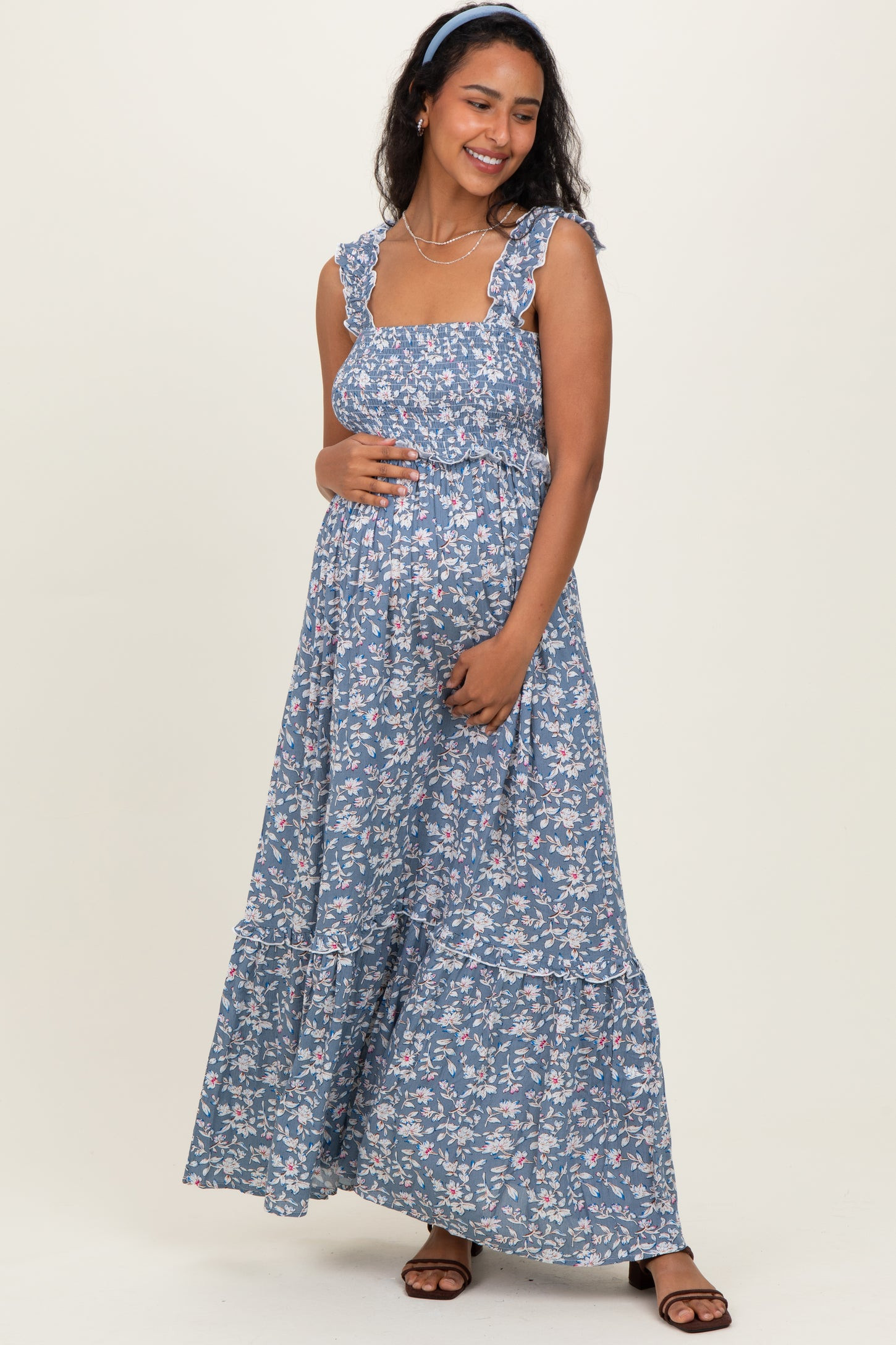 Blue Floral Smocked Ruffle Accent Maternity Maxi Dress | PinkBlush Maternity