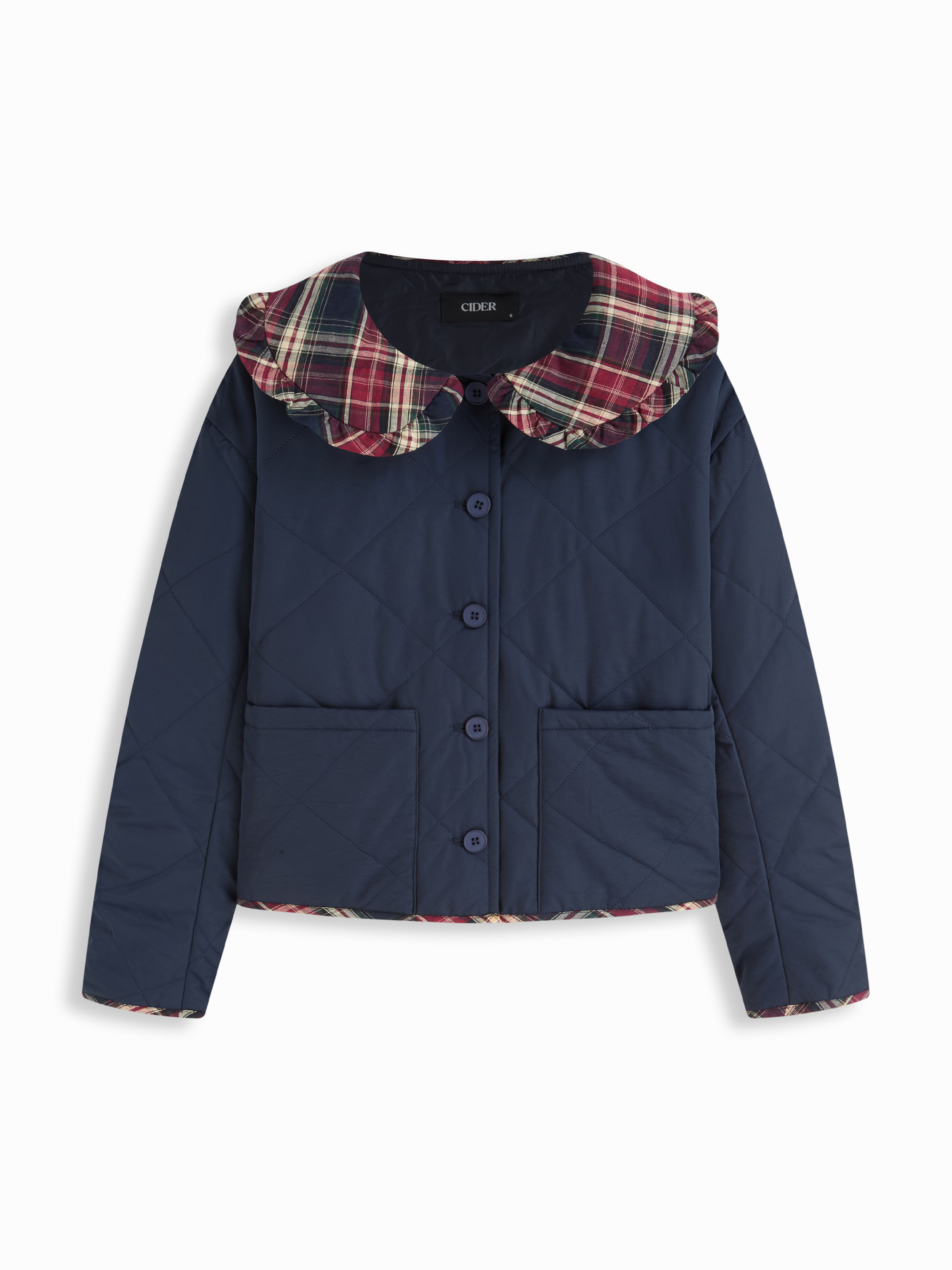 Woven  Peter Pan Collar Plaid Ruffled Oversized Puffer For Daily Casual | Cider