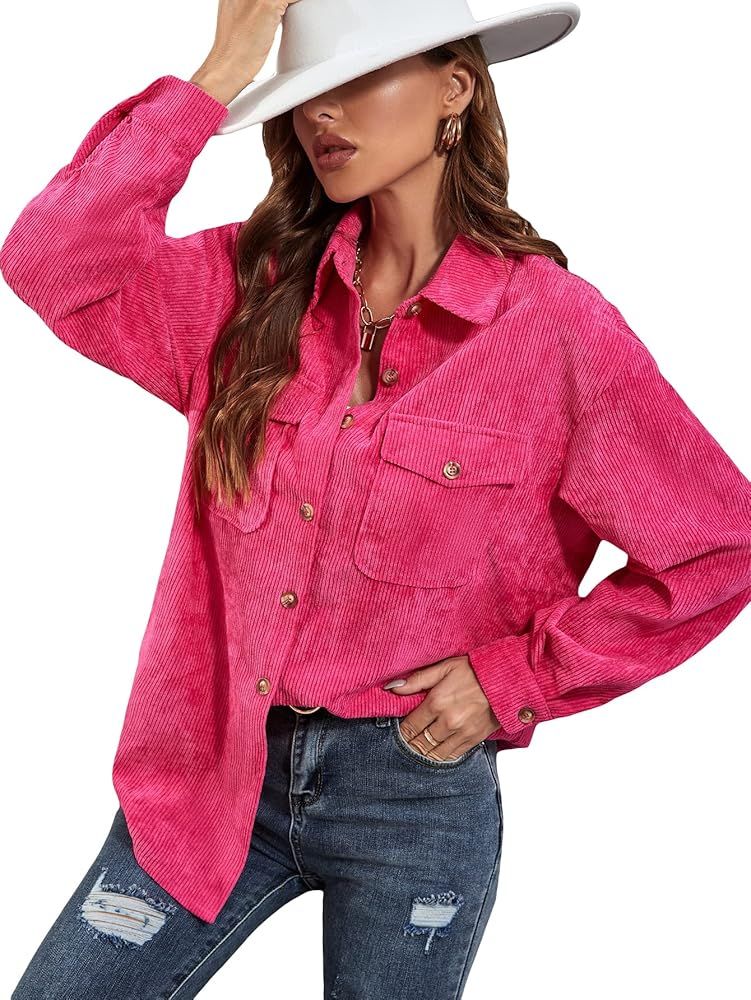 MakeMeChic Women's Oversized Button Down Shirts Flap Pocket Corduroy Button Up Shirt Blouse Tops | Amazon (US)