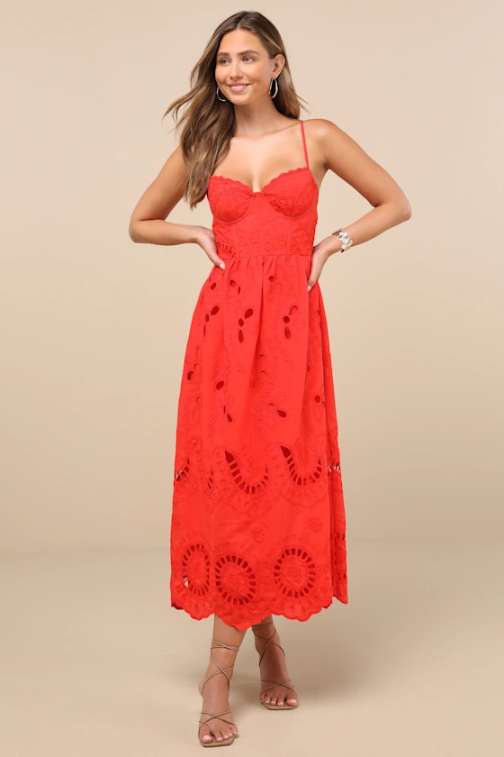 Jenora Bright Red Embroidered Bustier Midi Dress | Lulus