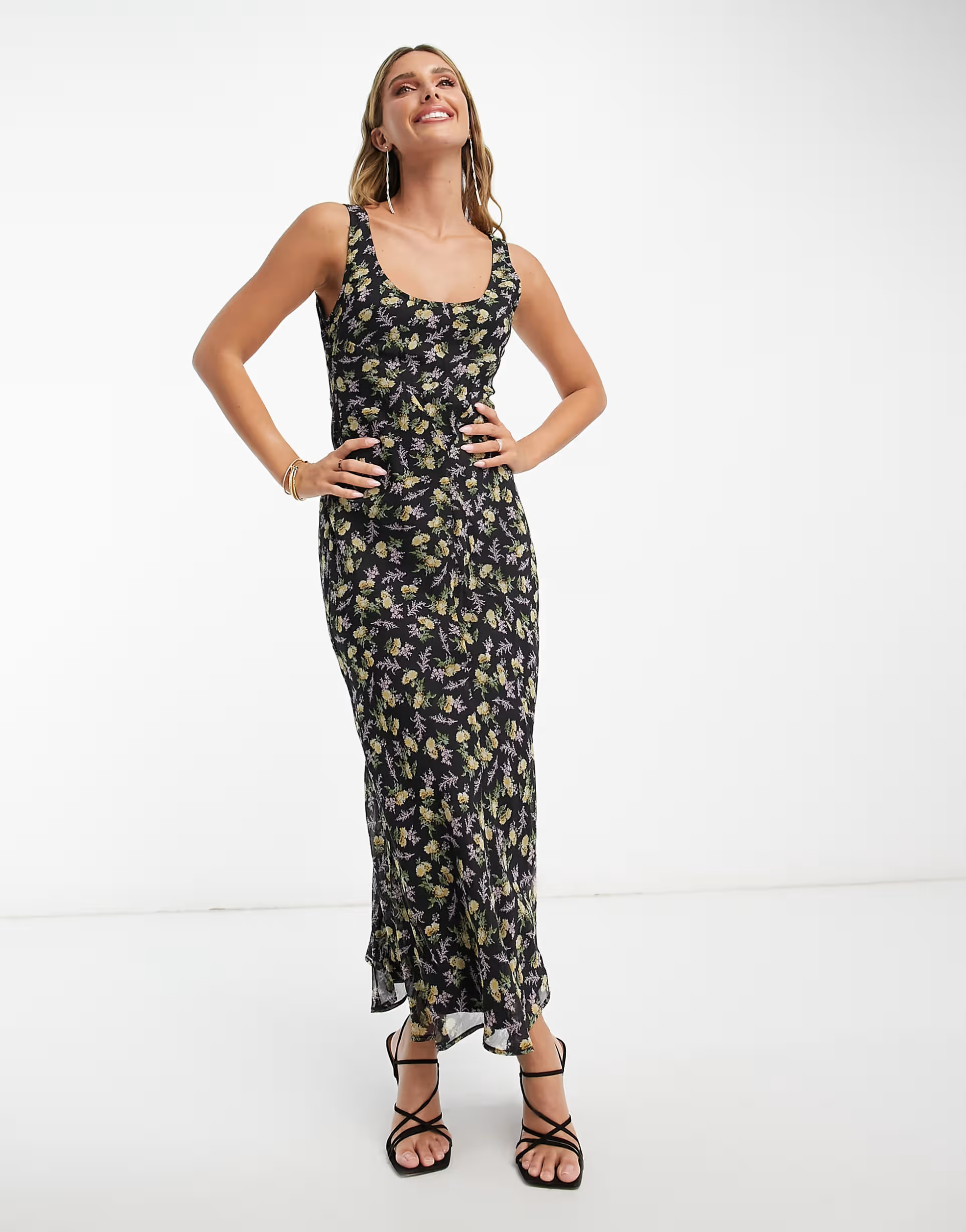 ASOS DESIGN scoop neck midi slip dress in black ditsy print | ASOS (Global)