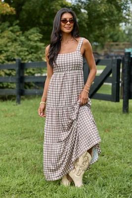Time For Something Gingham Knit Maxi Dress Taupe SALE | Pink Lily