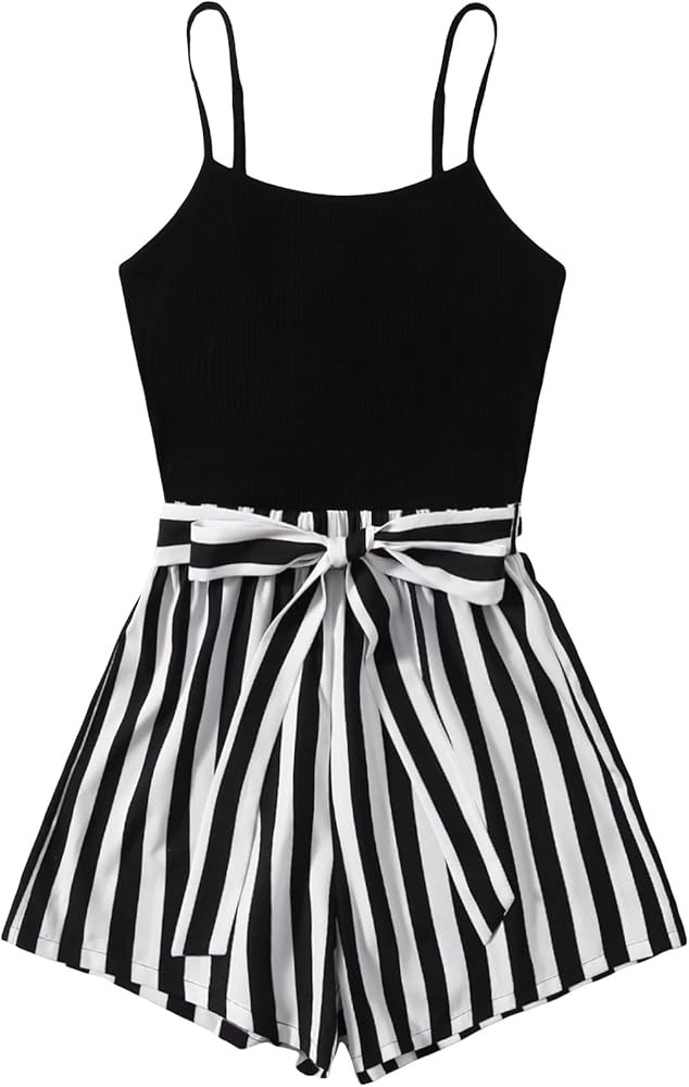 SOLY HUX Women's Summer Sleeveless Striped Belted Tank Romper Short Jumpsuit | Amazon (US)