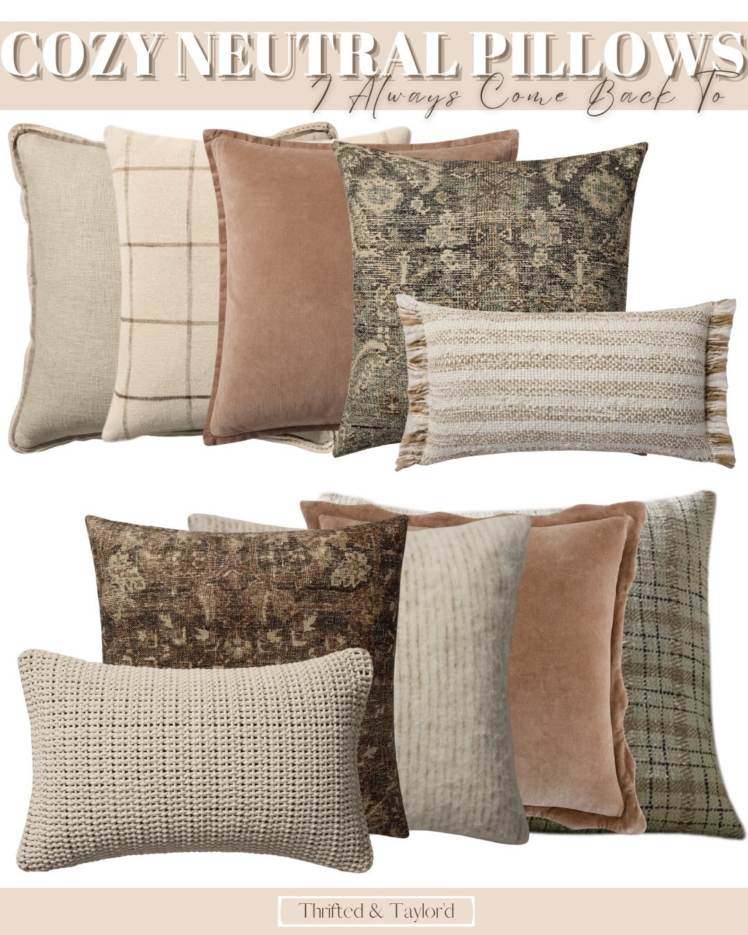 These are the throw pillows I keep coming back to when I want a space to feel warm, layered, and pulled together without overthinking it.

I always look for a mix of subtle pattern, soft texture, and a few deeper tones to keep everything from feeling flat. The combination of warm neutrals, vintage-inspired prints, and simple solids makes it easy to mix and match while still feeling cohesive.

If you’ve been trying to figure out how to style throw pillows in a way that feels cozy but still elevated, these are such a good place to start. Everything is linked below for easy shopping.

#LTKHome