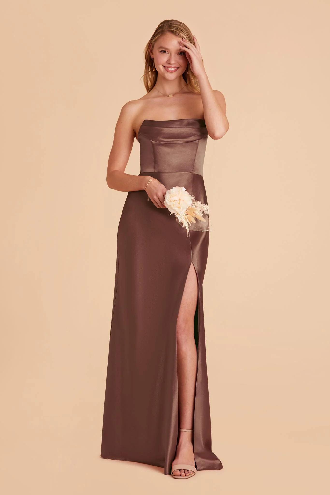 Mia Shiny Satin Convertible Dress - Neutral Champagne | Birdy Grey