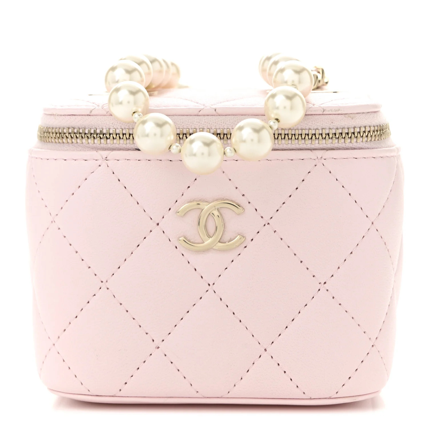 Chanel Lambskin Quilted Mini Vanity Case With Pearl Chain Light Pink 1765002 | FASHIONPHILE (US)