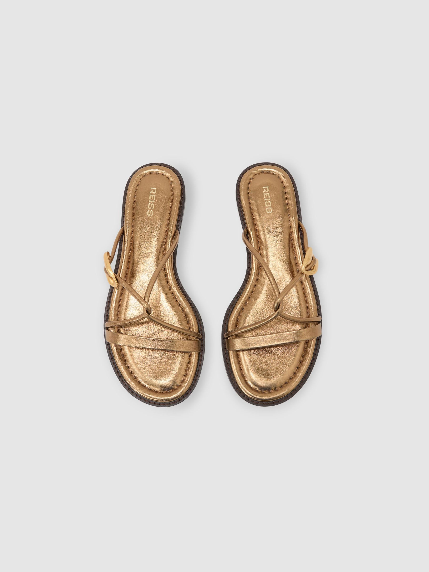 Leather Twist-Strap Flat Sandals in Dark Gold | Reiss UK