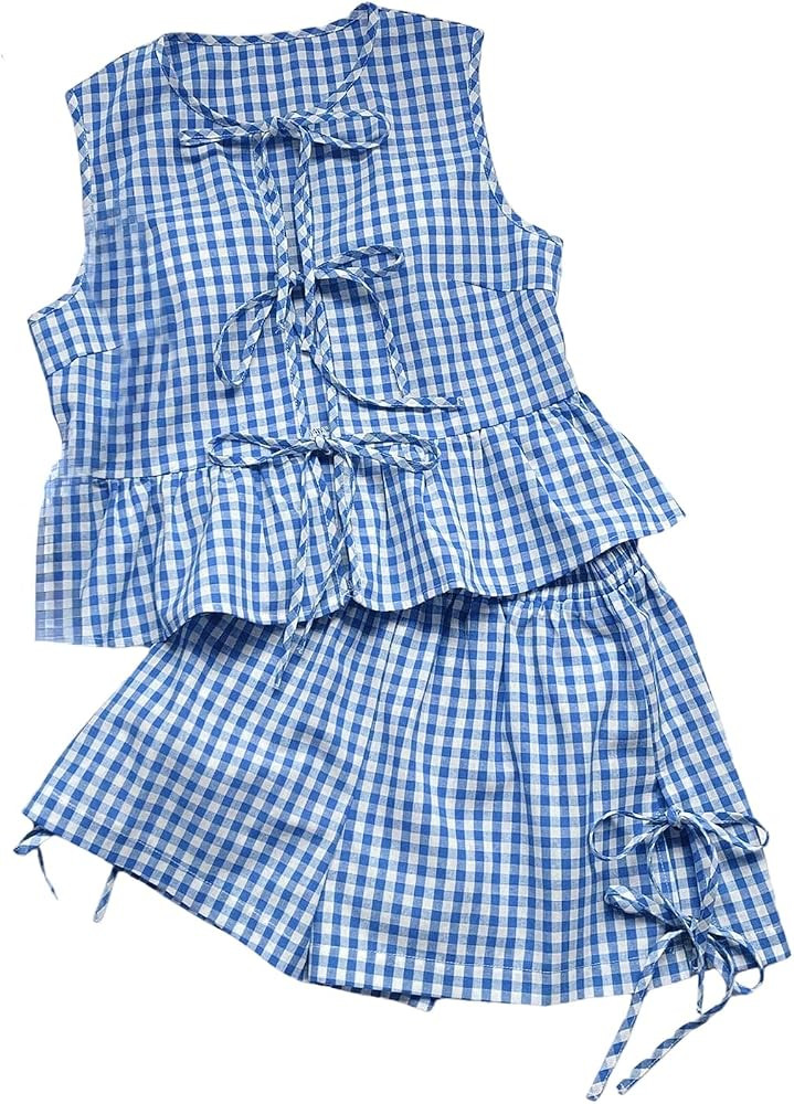 GORGLITTER Women's Gingham 2 Piece Sets Bow Tie Front Tank Top Baggy Shorts Sets Cute Summer Vaca... | Amazon (US)