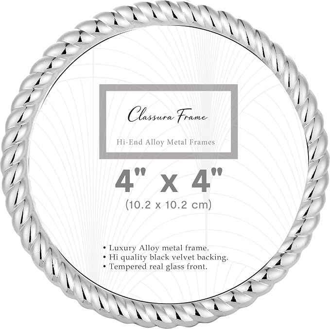 Silver 4x4'' High-End Round Metal Picture Frames,Contemporary Rope Profile,Premium Velvet Backing... | Amazon (US)