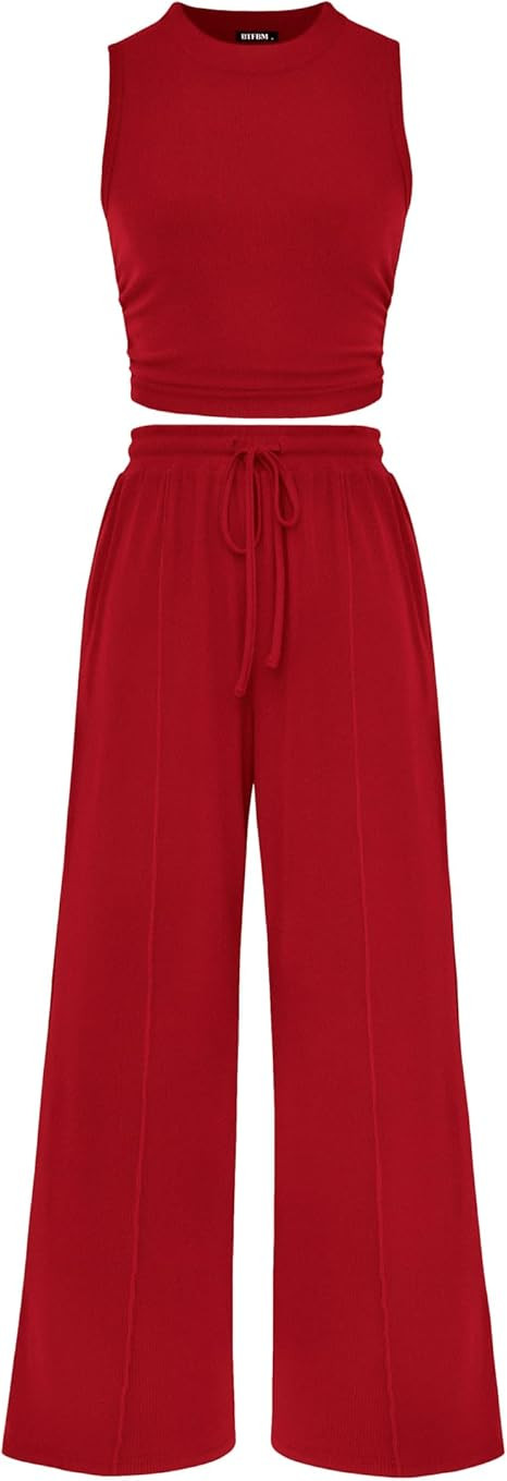 BTFBM Summer Outfits For Women 2026 Ribbed Sleeveless Tank Tops Wide Leg Pants 2 Piece Sets Loung... | Amazon (US)