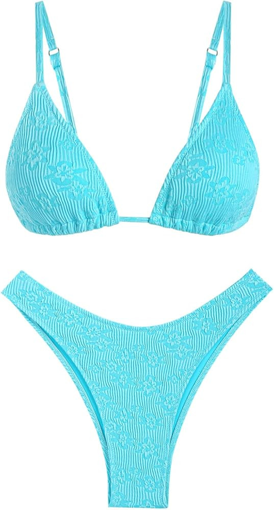 seamoly Women‘s Bikini Sets Two Piece Swimsuit Wave Textured Lace Trim Bow High Leg Cheeky Biki... | Amazon (US)