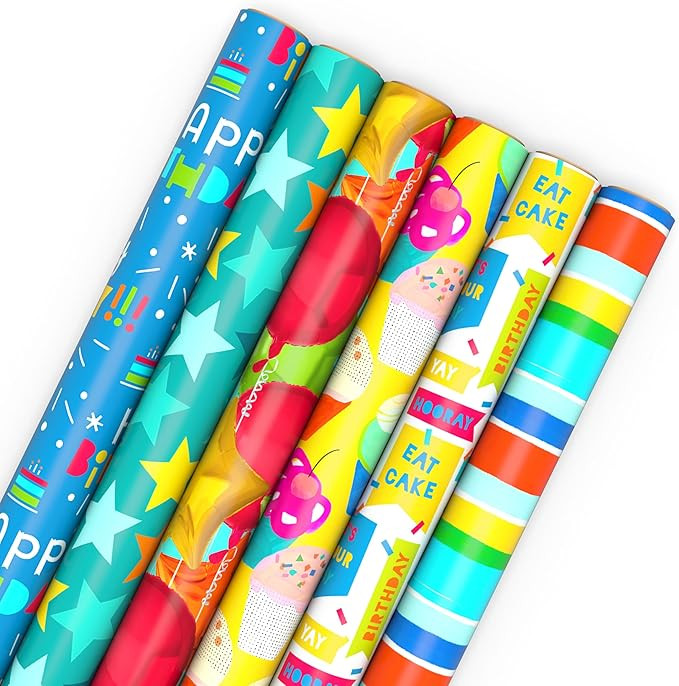 Hallmark Birthday Wrapping Paper Rolls - Stars, Stripes, Balloons, Cupcakes, "Happy Birthday" Gif... | Amazon (CA)