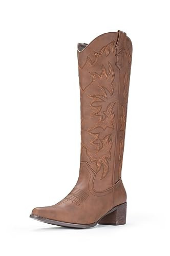 IUV Cowboy Boots For Women Knee High Boots Pointy Toe Women's Western Boots Side Zipper Chunky Heel Cowgirl Boots | Amazon (US)