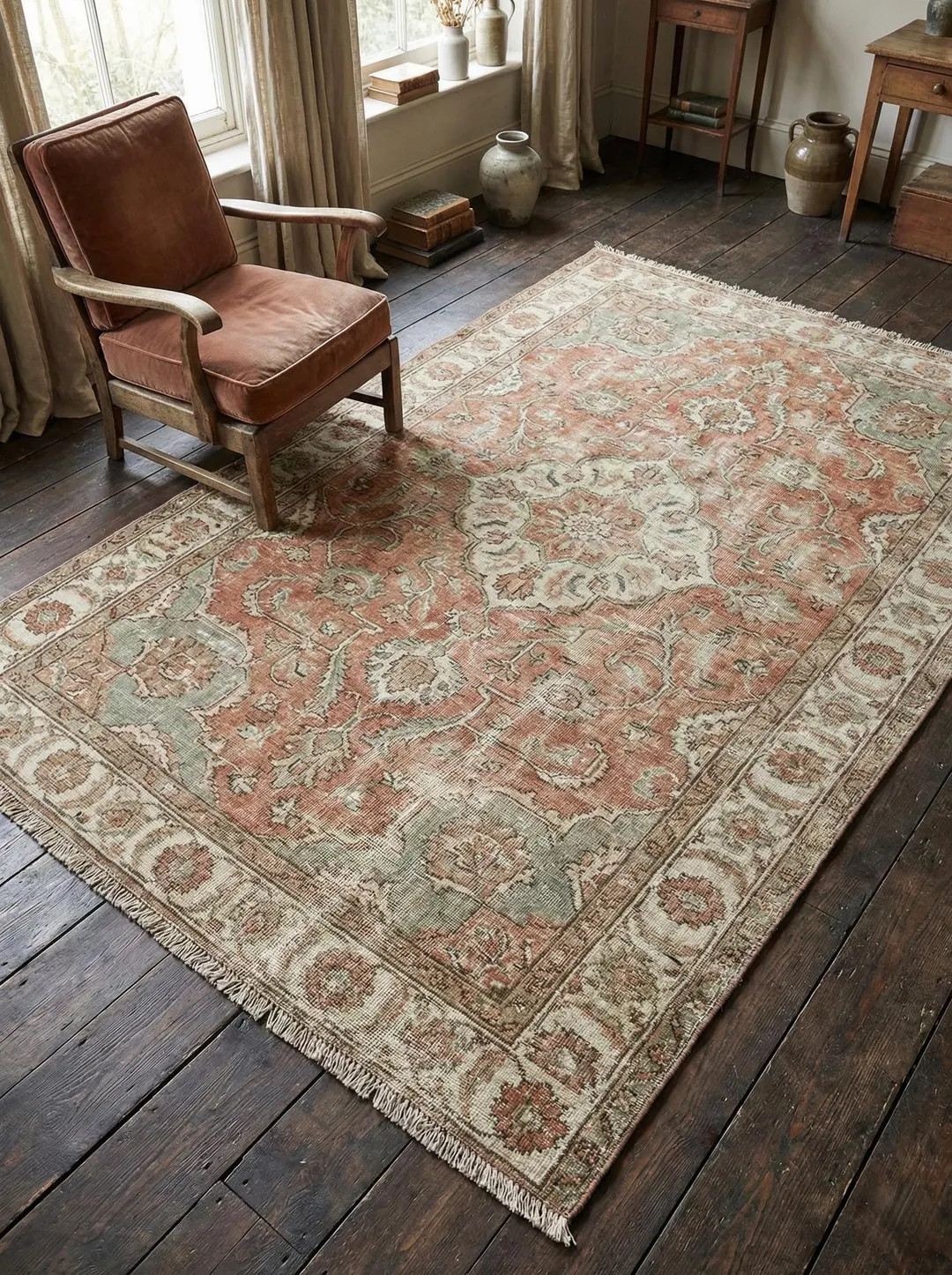 5x7 Hand Knotted Vintage Rug, Coral Sage Oushak Style Carpet, Floral Medallion Persian Area Rug H... | Etsy (Global)