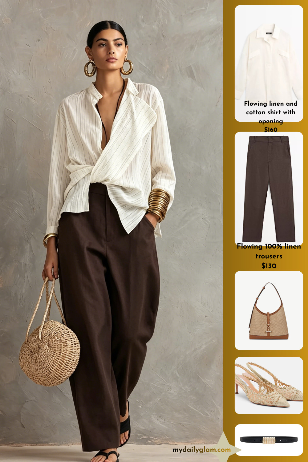 Minimal Summer Neutral Contrast Linen Two Piece Set Crinkled Wrap Front Striped Blouse & Oversized Dark Cocoa Wide Leg Linen Pants Capsule Look

#SummerLinenOutfit #MinimalFashion #CapsuleWardrobe
 

 #LTKootd #LTKOver40 #LTKWorkwear