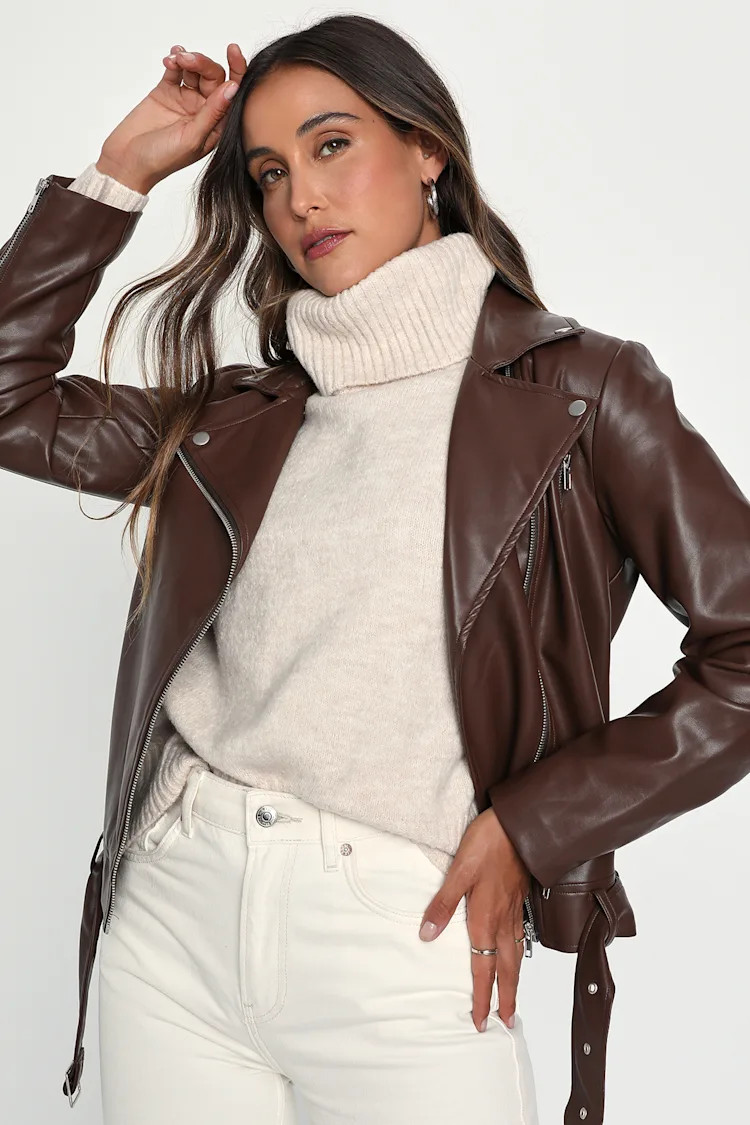 Brave Behavior Brown Vegan Leather Oversized Moto Jacket | Lulus (US)